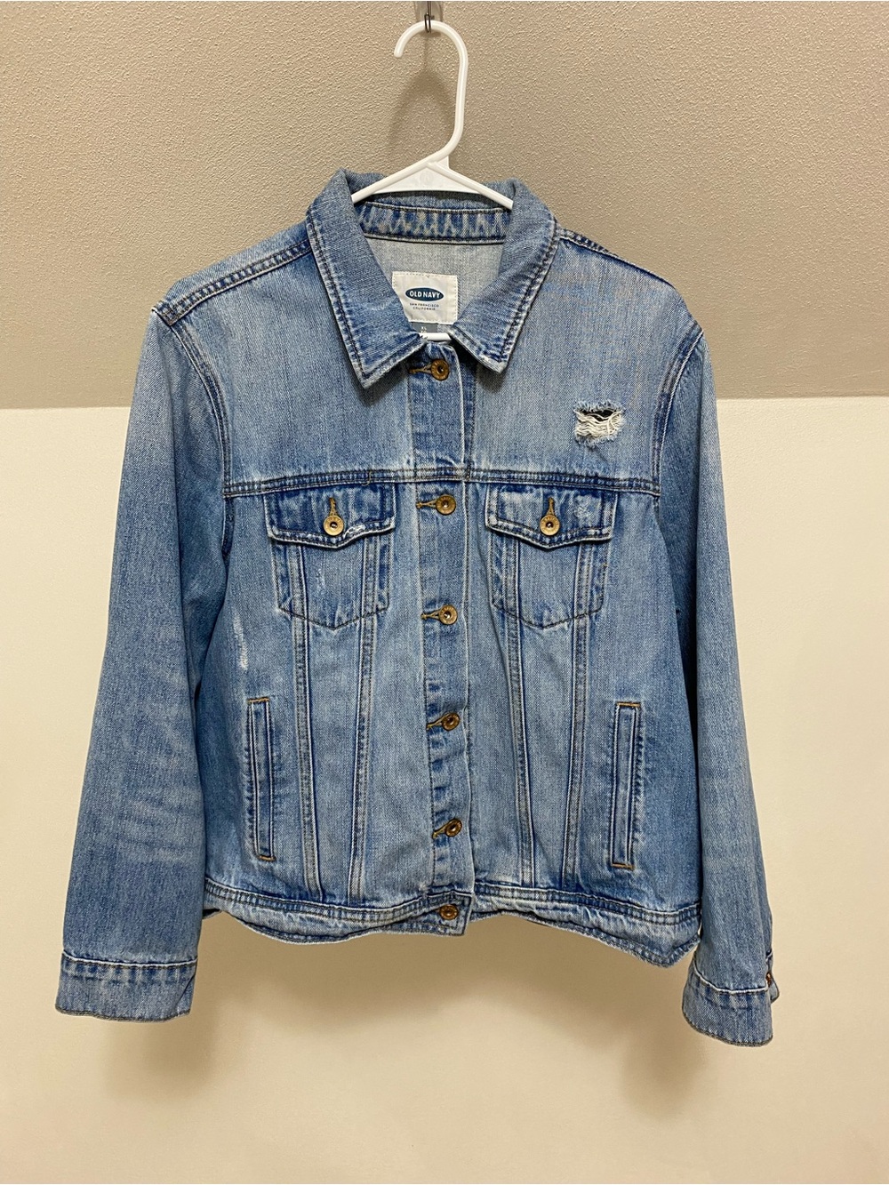 Light Wash Distressed Denim Jacket - Medium Blue